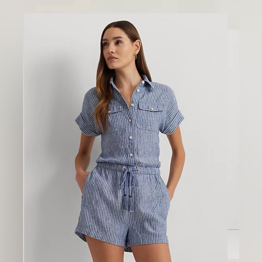 Lauren Ralph Lauren Blue Striped Linen Short Jumpsuit
